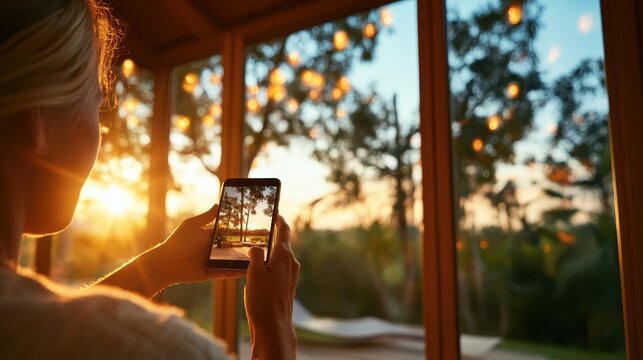 A woman takes a beautiful sunset photo with her smartphone, encapsulating the beauty of nature and the joy of sharing memories in a serene environment filled with light.