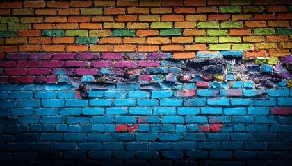Fototapeta premium old brick broken colorful painted wall with dark copy space