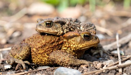 Obraz premium Close-Up of Two Toads in Nature, Displaying Unique Texture and Color Patterns on Their Skin