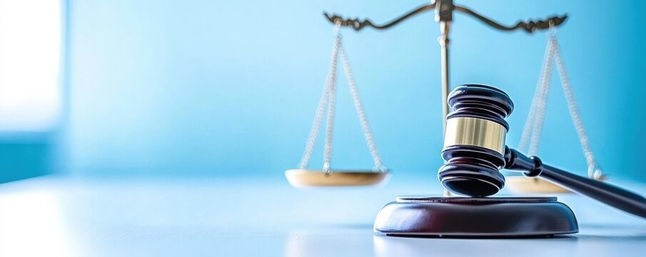 A judge's gavel and a balanced scale symbolize justice and legal authority on a reflective surface with a soft blue background.