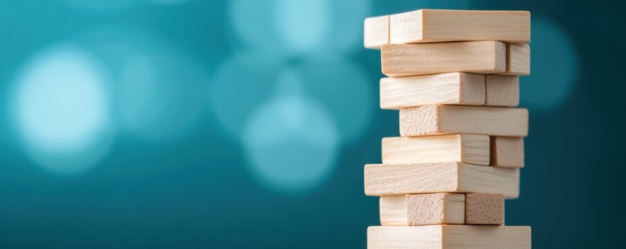 A close-up image of a wooden block tower game against a blue blurred background.