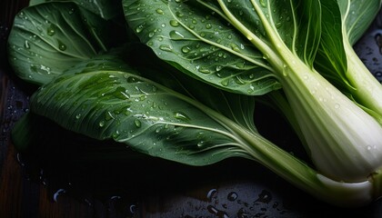 moody bok choy closeup with water droplets