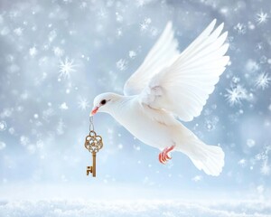 Fototapeta premium A white dove flying gracefully in a snowy scene, holding an ornate golden key in its beak.