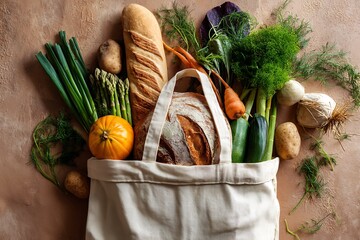 Fresh organic food grocery shopping bag vegetables bread healthy eating eco friendly lifestyle still life
