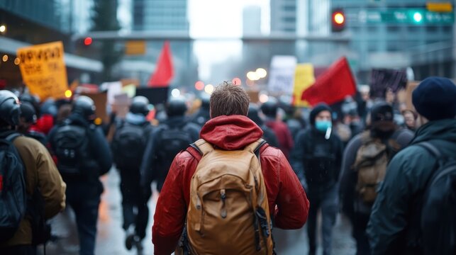 A vibrant scene of a protest unfolding in an urban setting, capturing the energy of activists demonstrating for social justice and change amid city skyscrapers.