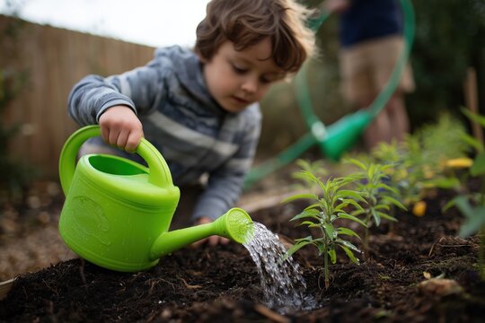 Child takes care of newly planted flowers by watering them in a backyard garden on a sunny day
