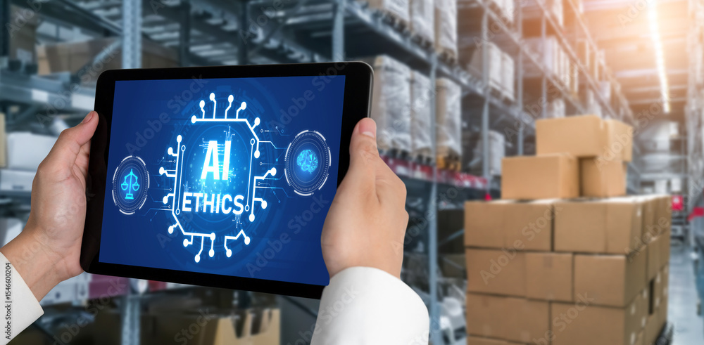 Poster ai ethics responsibility standard law and rules on computer screen provide report of ai ethic transp