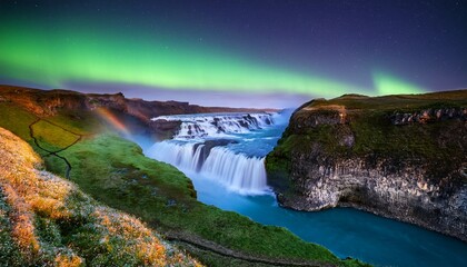 gullfoss waterfall in iceland at night with the northern light the amazing landscape for iceland travel