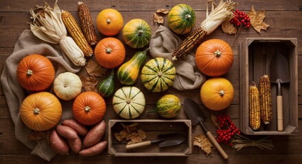 Autumn Harvest Abundance: Pumpkins, Corn, Sweet Potatoes and Fall Vegetables on Rustic Wooden Table