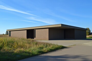 Fototapeta premium A contemporary architectural design stands gracefully against a backdrop of bright blue skies, surrounded by lush greenery in an expansive daytime landscape