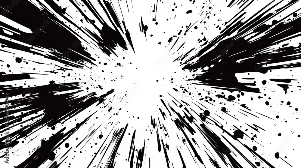 Poster abstract black and white radial burst pattern with splatters.