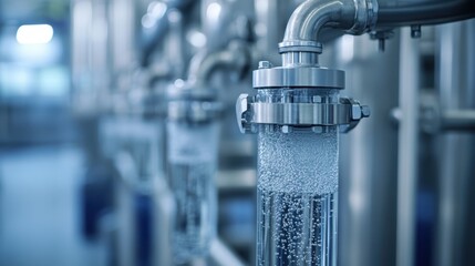 An industrial scene showcasing a water filtration system where bubbles can be seen through glass, symbolizing purity and advanced technology in water treatment processes.