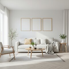 Set of Three Vertical Wooden Frame Mockup in a Bright, Minimalist Living Room