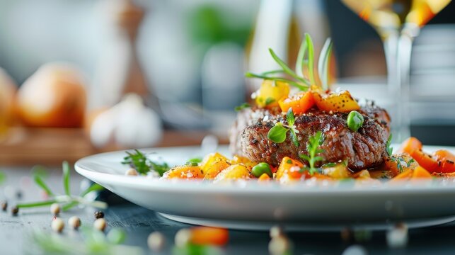 A tantalizing plate featuring a perfectly cooked gourmet steak topped with vibrant vegetables, garnished with herbs, showcasing culinary artistry and fine dining excellence.