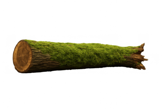 Photorealistic mossy log isolated on transparent background, ideal for photo editing and compositing
