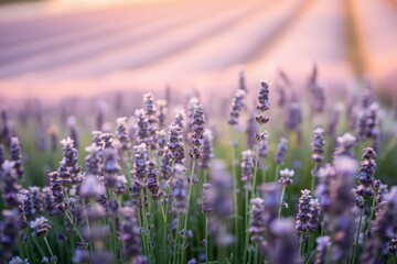 Naklejka premium Lavender field under soft diffused light focusing on rows of purple flowers