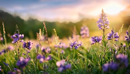 Naklejka premium delicate purple wildflowers sway gently among lush green grass in a natural meadow the slender stems bend slightly in the breeze as sunlight filters through the vibrant vegetation