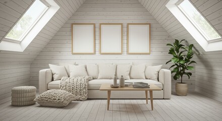 Set of Three Wooden Frame Mockup in a Cozy Scandinavian Attic Living Room