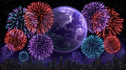 Fototapeta premium City Skyline with Fireworks and Planet for Celebration