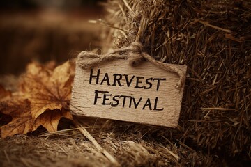 Naklejka premium Handwritten harvest festival sign displayed on a hay bale surrounded by autumn leaves during fall season