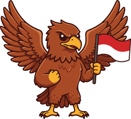 Cartoon Eagle Holding Indonesian Flag and Raising Wings