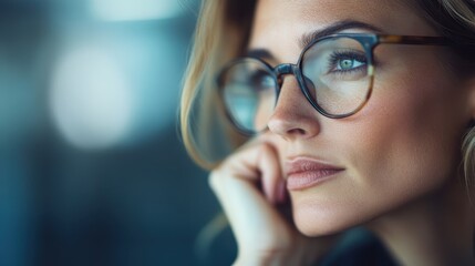 Fototapeta premium A contemplative woman wearing stylish glasses, gazing thoughtfully while lost in her thoughts, capturing the essence of introspection and modern lifestyle.