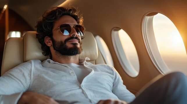 A relaxed man enjoying the luxury of a private jet cabin, embodying a lifestyle of comfort and exclusivity against a backdrop of a setting sun.