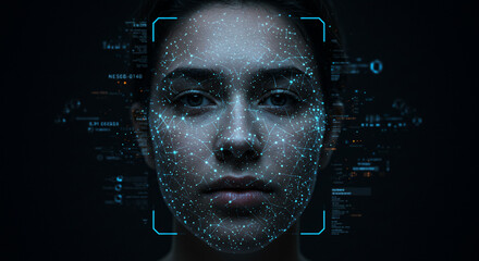A futuristic close up portrait of a woman with closed eyes and digital data projected onto her face in a dark cinematic setting