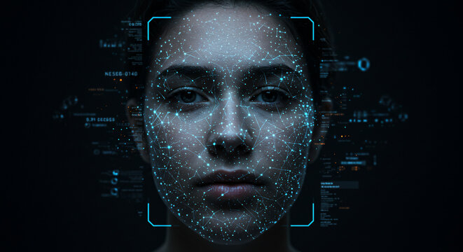 A futuristic close up portrait of a woman with closed eyes and digital data projected onto her face in a dark cinematic setting