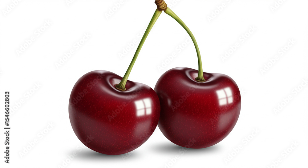 Poster two realistic cherries with stems isolated on white background with shadows