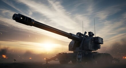 Modern self propelled howitzer at sunset