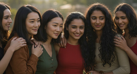 Obraz premium A group of diverse female friends standing together outdoors in warm natural light sharing a moment of connection and unity