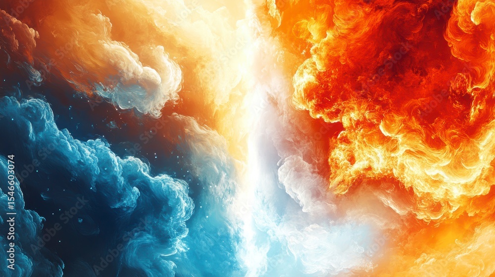 Poster abstract image of fire and ice clashing, representing opposing forces or duality.