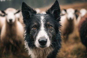 Fototapeta premium Close up of sheepdog displaying attentiveness while herding sheep on a farm during a cloudy day