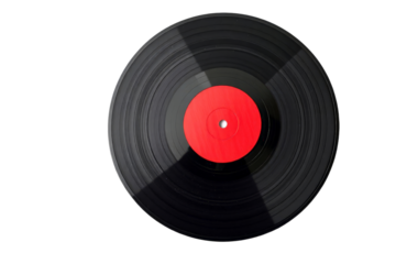 A single vinyl record against a black background showcasing its circular shape and central label.