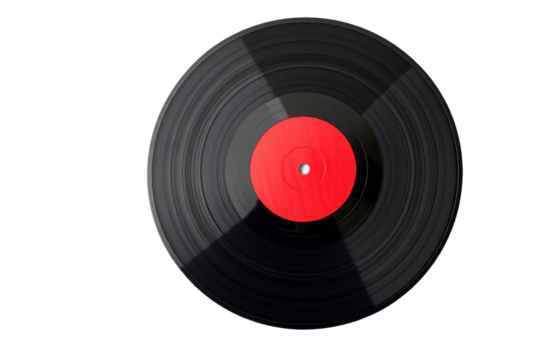 A single vinyl record against a black background showcasing its circular shape and central label. - Powered by Adobe