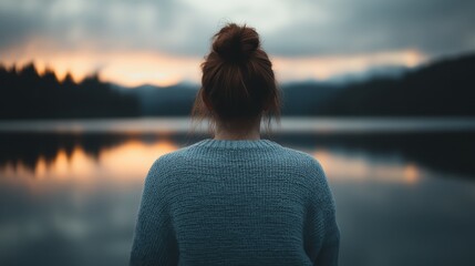 Fototapeta premium A woman sits by the edge of a tranquil lake at sunset, lost in thought as the sun's golden rays reflect on the water, evoking feelings of peace and introspection.