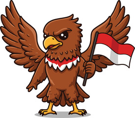 Cartoon Garuda Wearing Sash and Holding Two Flags