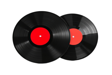 Two black vinyl records with red labels are displayed against a stark black background for a music-themed design.