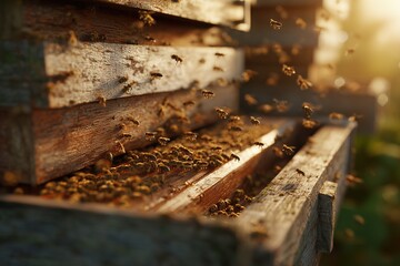 Close up view of bees fanning and maintaining hive temperature in a busy beehive during sunset hours