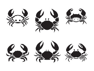 Set of Six Different Crab Black Line Art on White Background