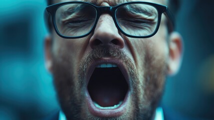 A man with glasses is yawning in an urban setting, reflecting stress and tiredness, embodying the challenges of modern life and the need for rest and relaxation amidst busy schedules.