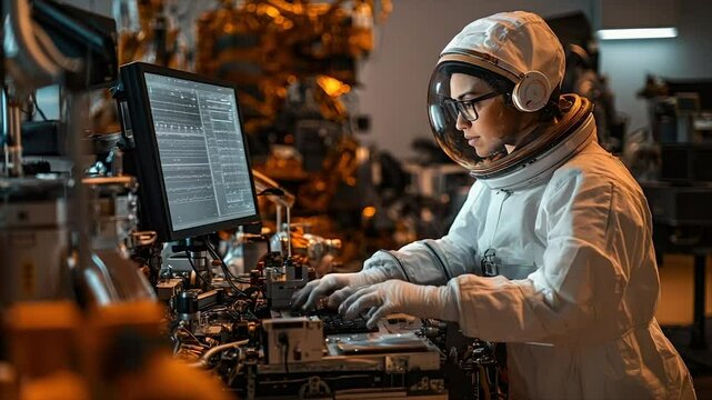 Astronaut in a space suit operating a computer
