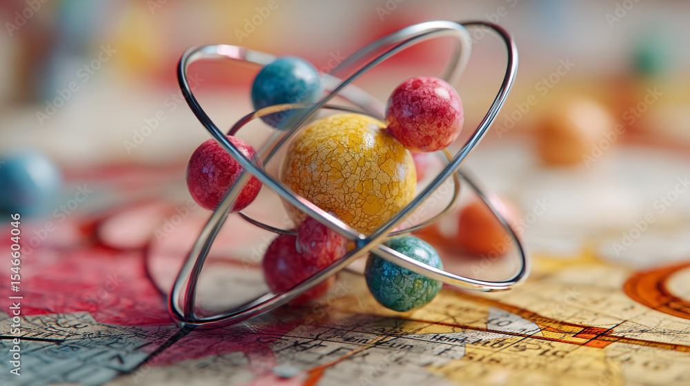 Poster a colorful atom model with spheres and metal rings on a map background in a close up view