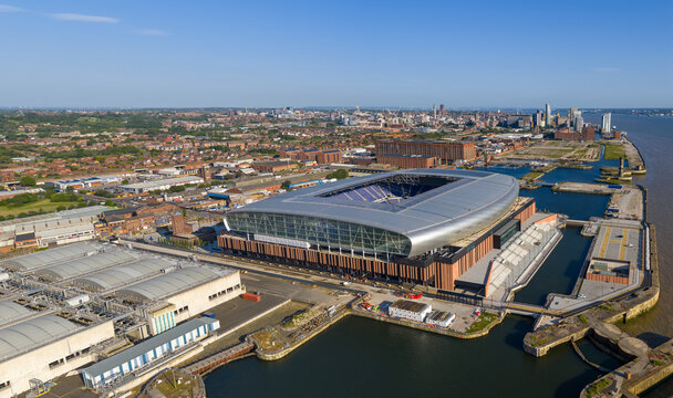 Aerial image of Everton New Stadium with Liverpool City Skyline on the background 