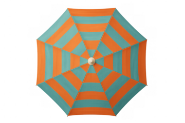 Striped orange-turquoise beach umbrella providing relaxing shade against white background, ideal for summer design applications