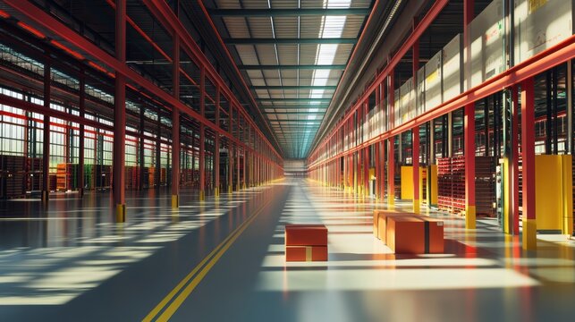 Sunlit industrial warehouse interior with boxes on floor.