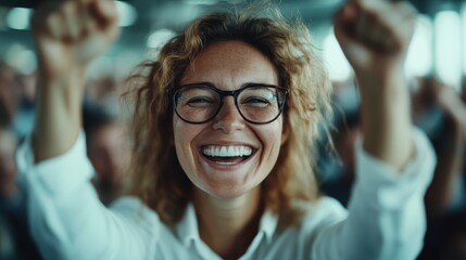 A joyful woman with glasses raises her hands in celebration, surrounded by an enthusiastic crowd, capturing the essence of happiness and communal success at an event.
