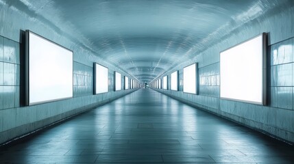 Empty subway tunnel with blank advertising billboards.