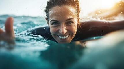 A smiling woman in a wetsuit surfs amidst vibrant ocean waves, capturing the thrill of water sports and the joy of embracing adventure in nature’s elements.